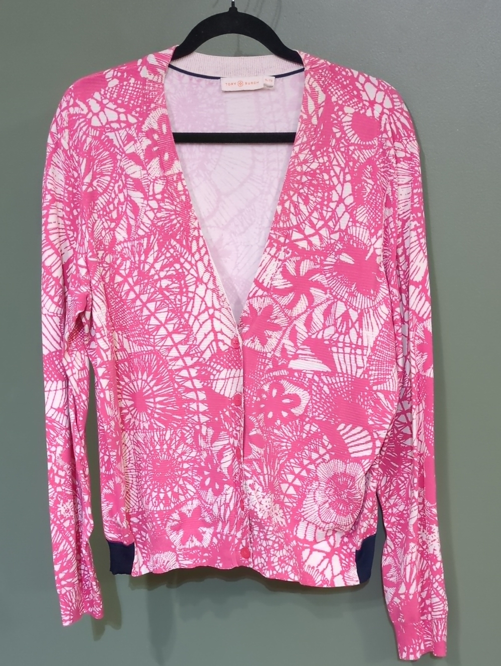 Tory Burch Pink Pattern V Neck Button Sweater W/ Navy Bomber Style Hem Sz XL